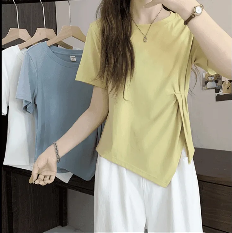 夏季减龄开叉不规则显瘦穿搭休闲正肩T恤百搭短袖女T小众设计感
