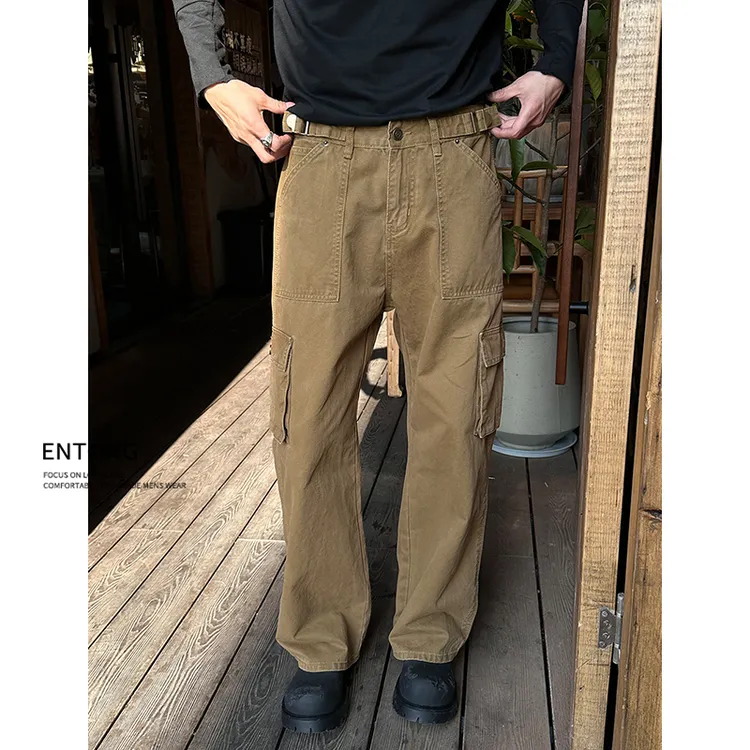 Entong美式复古水洗直筒多口袋宽松牛仔裤男街头做旧休闲工装长裤