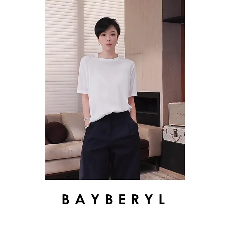 BAYBERYL老贝醋酸棉圆领干爽百搭纯色春短袖针织衫ZZS5C3101