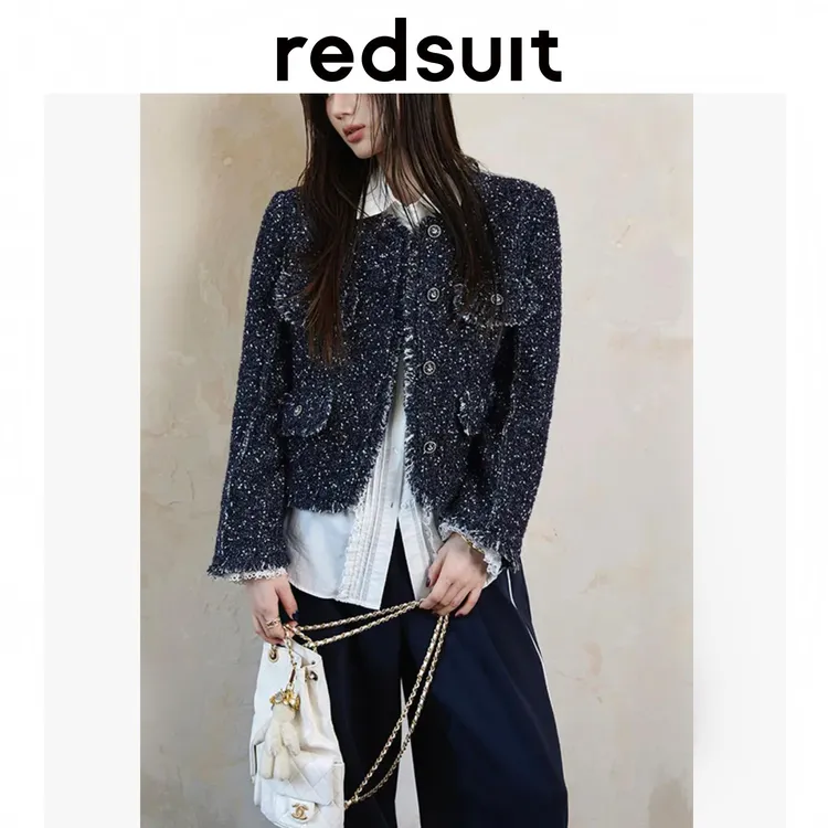 redsuit 深海蓝满天星-手工流苏边小香风通勤外套圆领高级感上衣