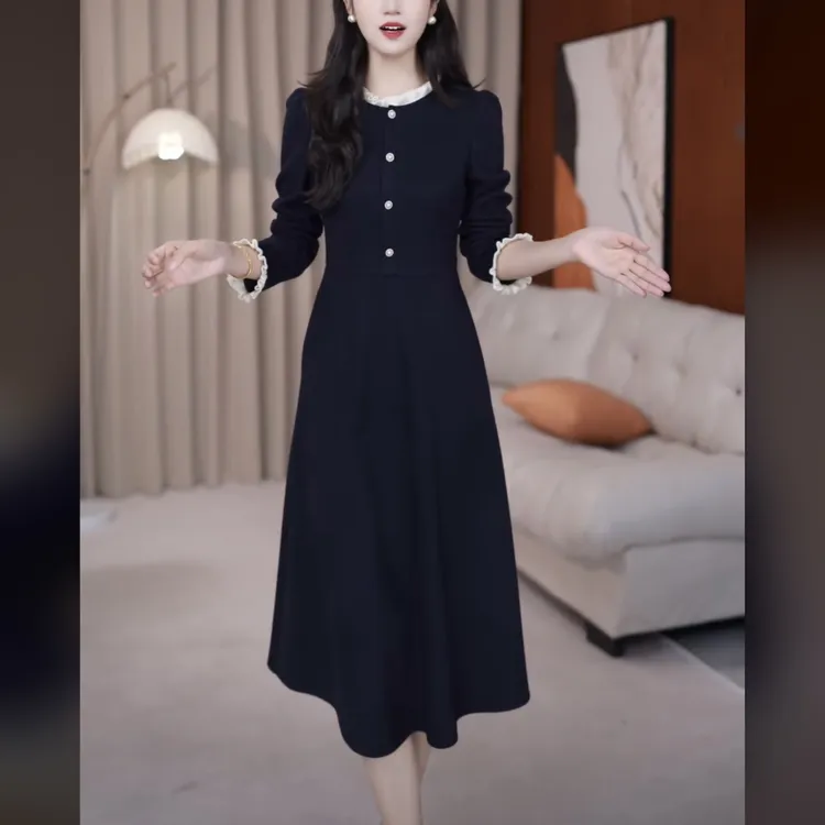 【连衣裙】显瘦气质长袖时尚藏蓝色法式收腰显瘦气质长袖时尚藏蓝色