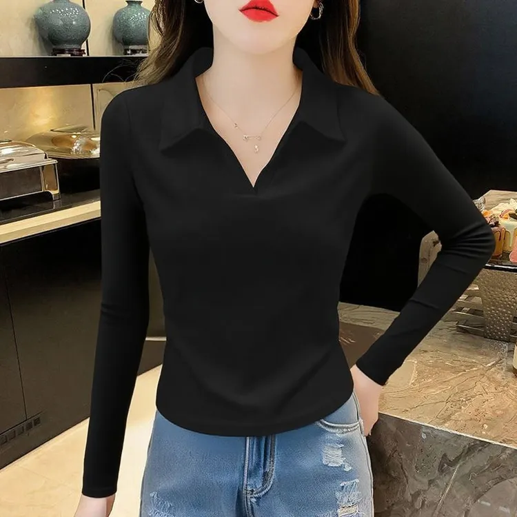 螺纹棉正肩polo领打底衫女早秋2025爆款翻领修身显瘦百搭长袖上衣