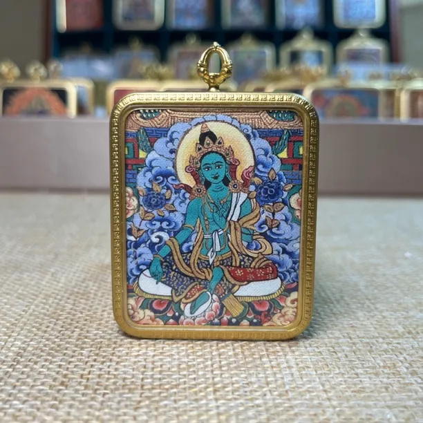 莲花绿度母藏式平安手工绳彩砂绘唐卡吊坠热贡