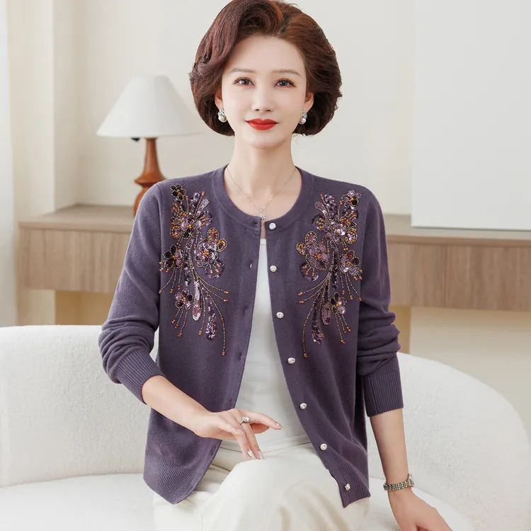 100%纯羊毛针织开衫中老年洋气妈妈装女母亲衣服女士气质长袖