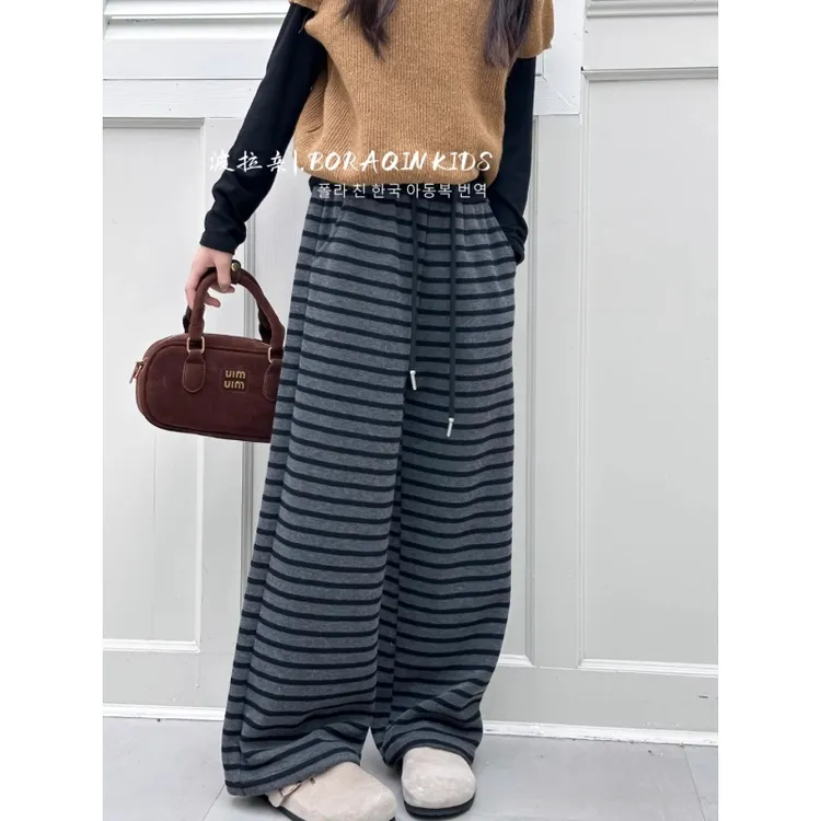 波拉亲亲子BORAQIN韩版童装2025秋季儿童拼色条纹垂感校园休闲裤