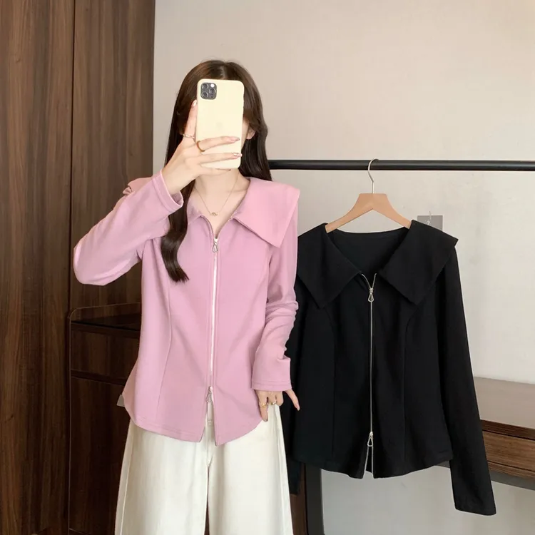 双拉链海军领长袖衬衫设计感正肩上衣百搭2025秋装新款胖mm大码女