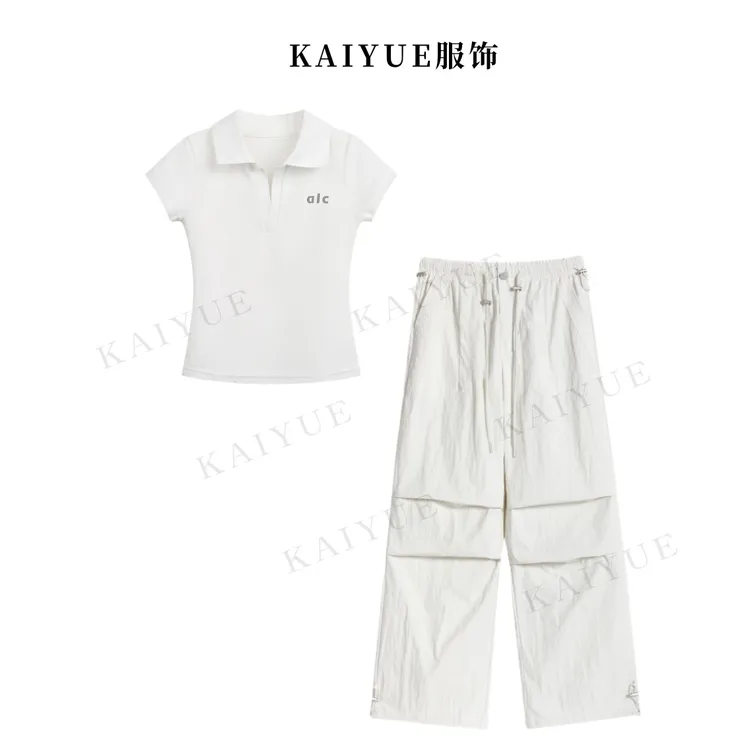 【天空爱恋】白色polo领短袖上衣防水工装裤休闲时尚纯色干净套装