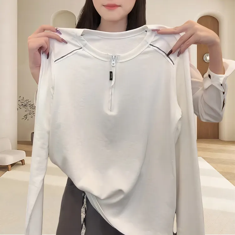 白色简约休闲半拉链长袖t恤女士小个子正肩打底上衣独特漂亮小衫