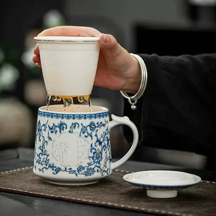 青花汝窑茶杯陶瓷带盖茶水分离水杯家用个人泡茶杯办公马克杯