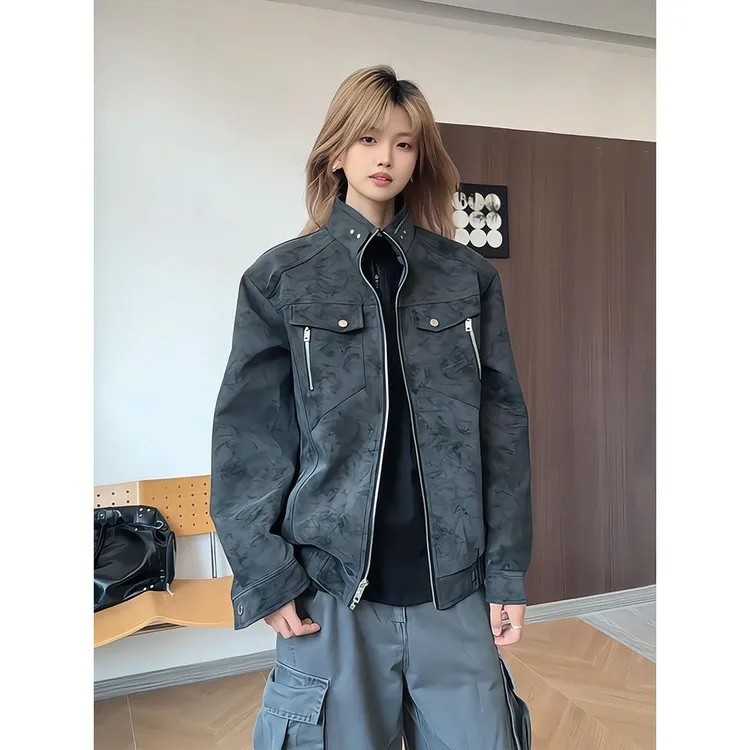 美式扎染pu皮衣夹克男款秋季高级感痞帅立领棒球服短款哈灵顿外套