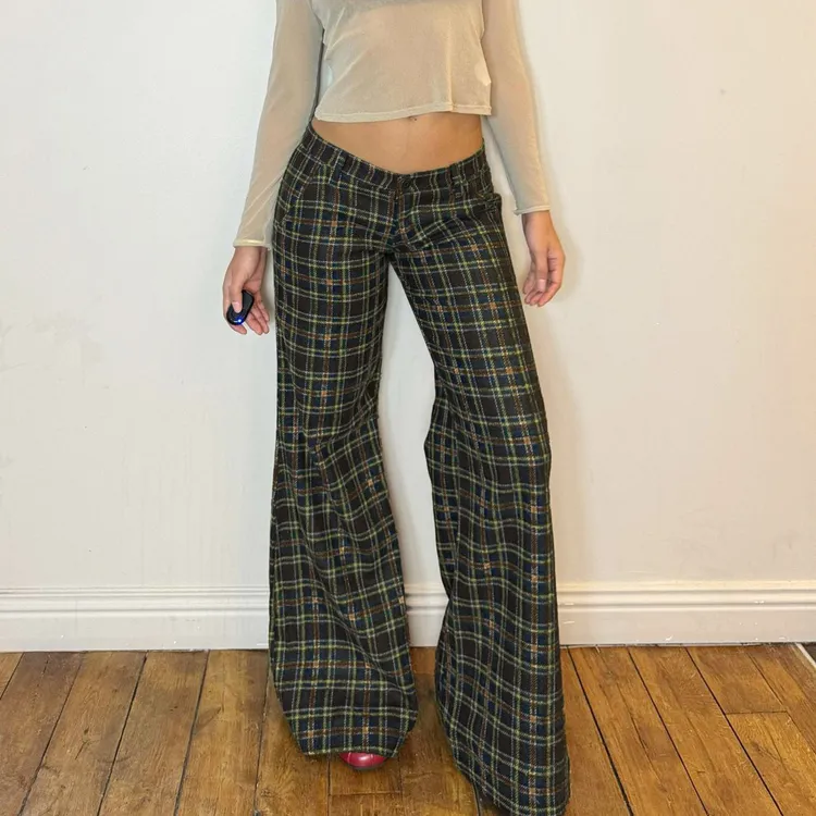 美式辣妹风复古格纹拼接休闲裤秋季宽松显瘦垂感拖地低腰长裤子女