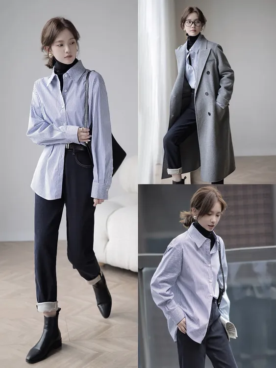 蓝条纹衬衫新款时尚洋气休闲宽松上衣女2025新款白色小衫