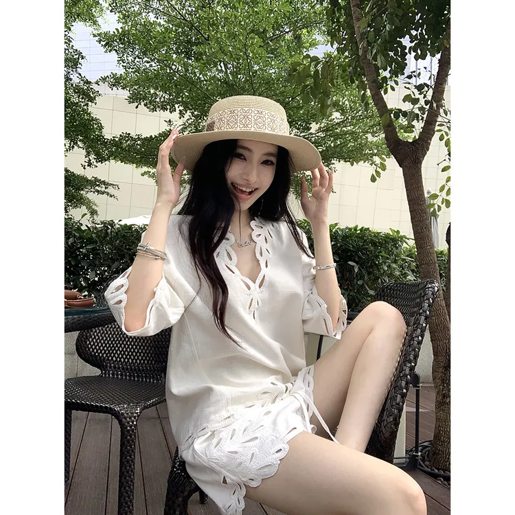 轻奢 fairy vibe镂空刺绣亚麻套装女夏短袖短裤两件套网红款