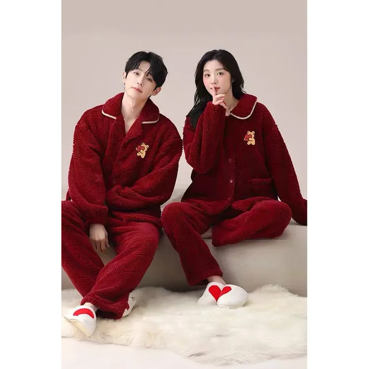 喜庆红色结婚情侣睡衣冬季珊瑚绒加厚保暖甜美可爱男女家居服套装