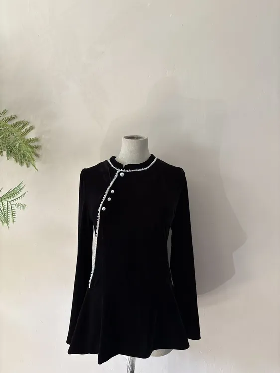 早秋新款丝绒新中式荷叶摆秋冬气质上衣黑色ins国风