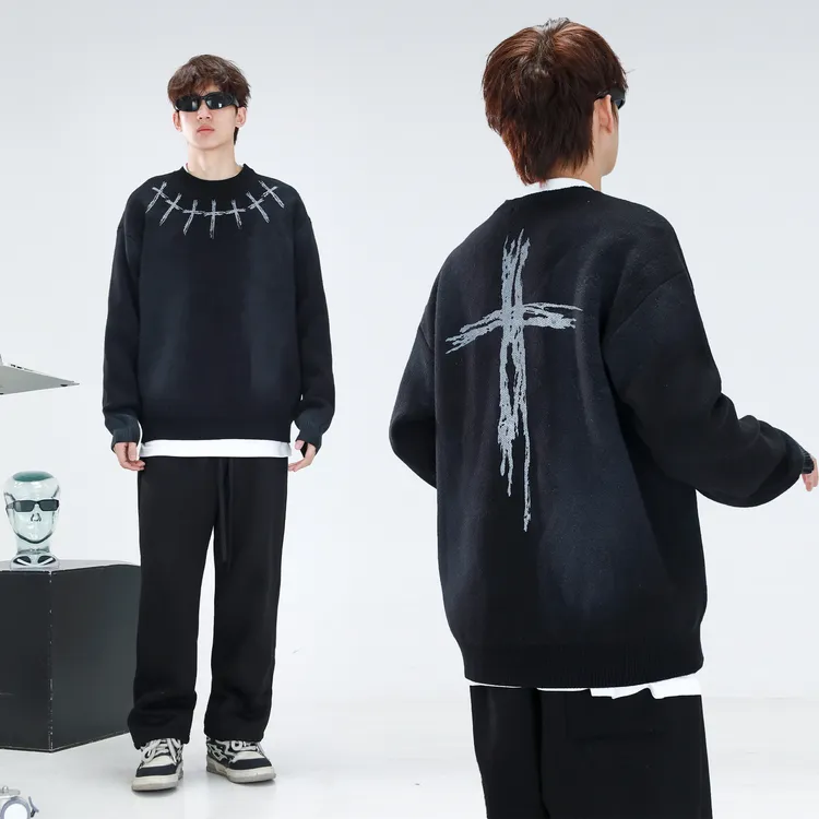 聪明陈个性情侣扎染欧美街头百搭嘻哈针织衫做旧毛衣男