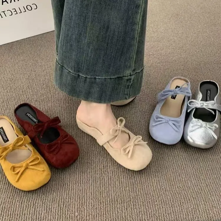 内增高复古蝴蝶结包头半拖鞋女夏季外穿2025新款懒人一脚蹬凉拖鞋