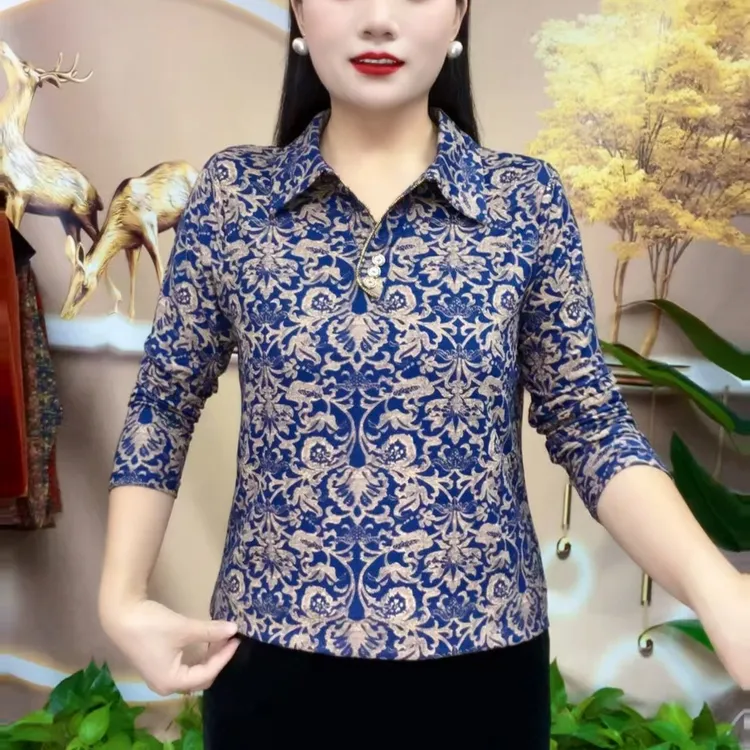 秋季女士新款妈妈装长袖翻领打底衫洋气显瘦百搭小衫