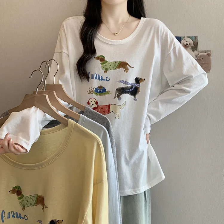 夏季薄款透气印花长袖T恤女2025新款设计感宽松百搭上衣35969