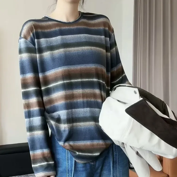 【东南妈】美拉德拼色条纹秋季打底衫长袖内搭上衣女ZX10 N5108X848