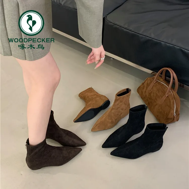 啄木鸟内增高绒面尖头短靴女2025秋冬新款韩版时尚瘦瘦靴时装靴女