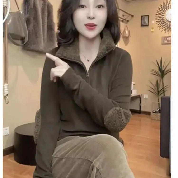欧货女士加绒卫衣早秋季2025新款时尚洋气内搭加厚长袖打底衫上衣