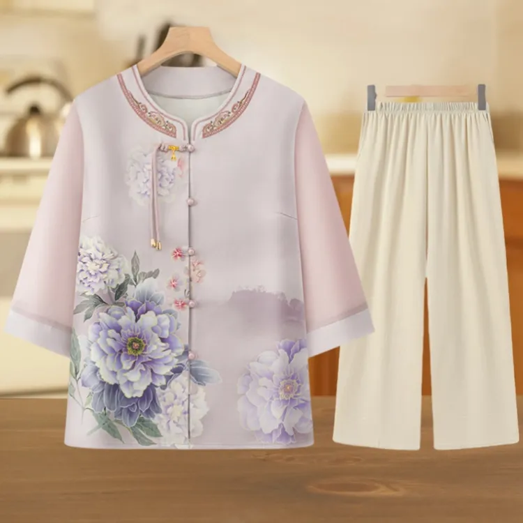 中老年女装新中式国风奶奶装茶服汉服居家盘扣夏季新款薄款妈妈装