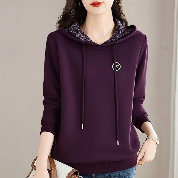 大码紫色连帽卫衣女装2025新款秋季宽松帽衫休闲百搭长袖女士上衣