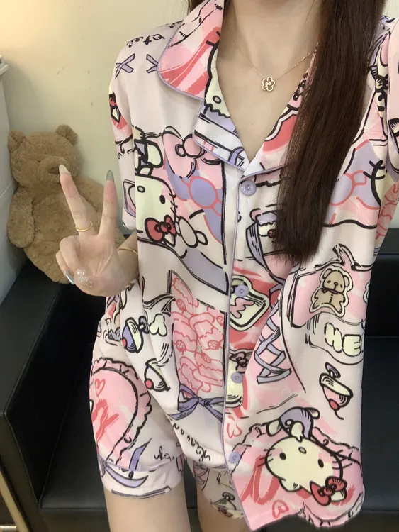 芭蕾HelloKitty冰丝睡衣女款夏季短袖短裤粉色可爱少女家居服套装