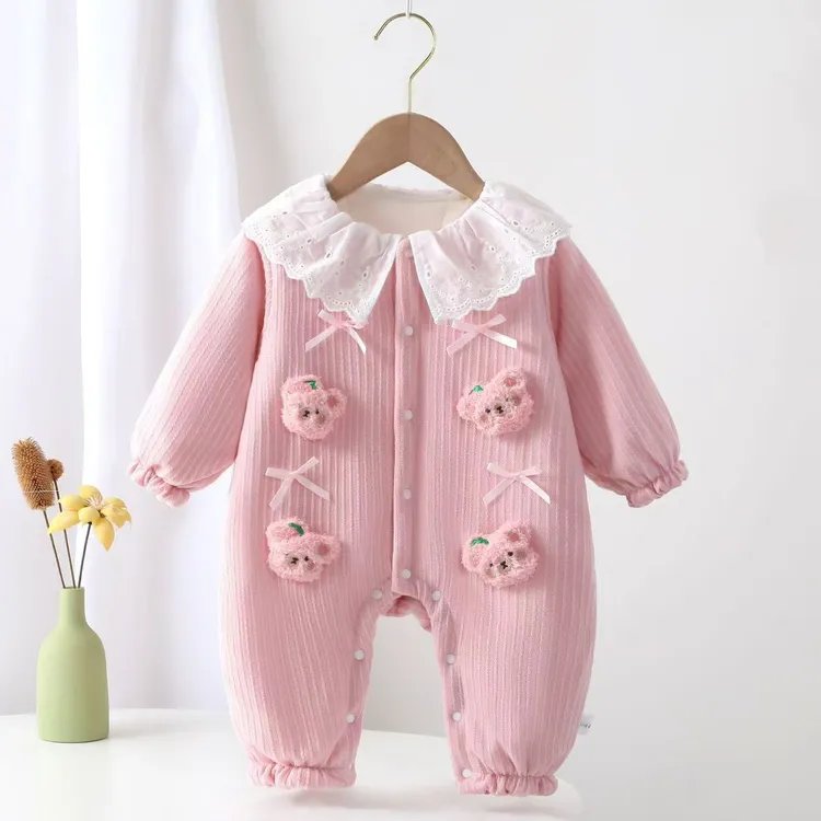 婴儿连体衣秋冬季保暖薄棉衣服女宝宝公主外出服超萌秋装爬爬服