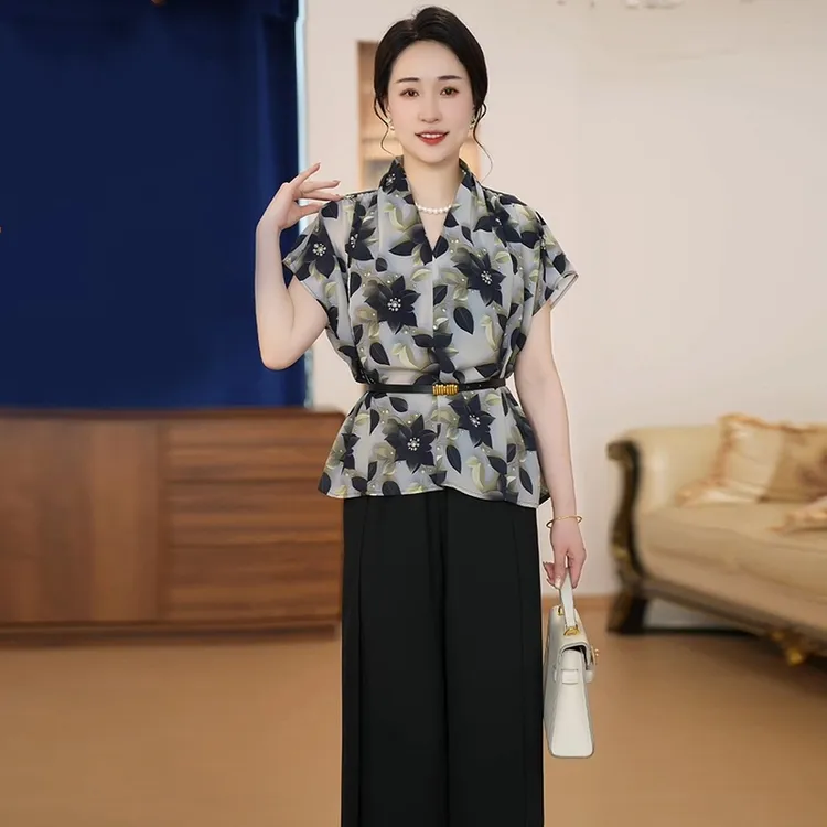 母亲节礼物妈妈装印花气质休闲套装宽松文艺时尚夏季高级感两件套