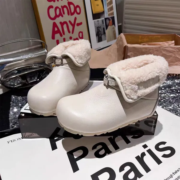 欧货软皮翻领两穿加绒保暖雪地靴短靴棉鞋毛毛鞋勃肯鞋面包鞋女鞋