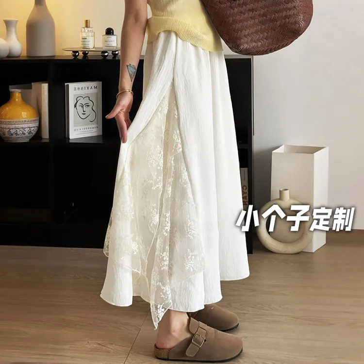 150小矮个子拼接蕾丝半身裙女夏季显瘦高腰a字中长款薄款法式伞裙