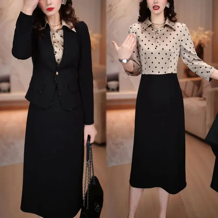 时尚气质2025秋季新款设计感假两件波点衬衫式连衣裙 外套两件套