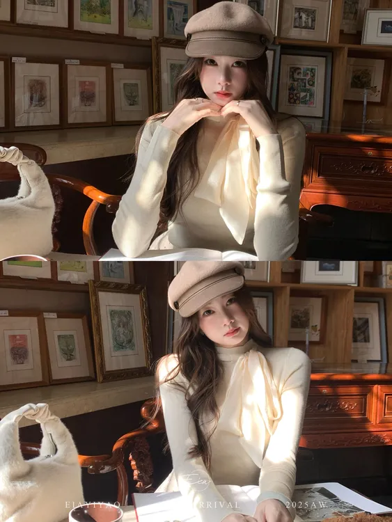 EIA一尧【蝴蝶结内搭】韩系蝴蝶结系带长袖打底衫气质ins百搭上衣冬