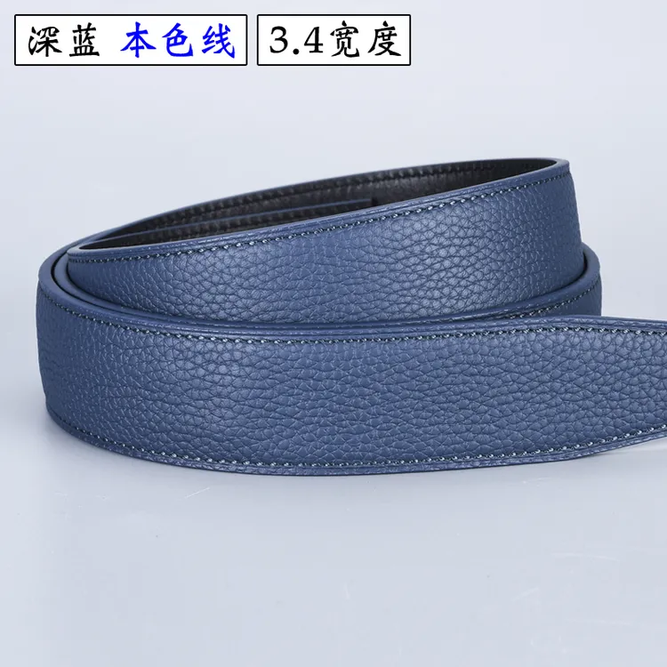 无扣皮带男真皮自动扣深蓝色头层牛皮无头纯带身不带头腰带3.4CM