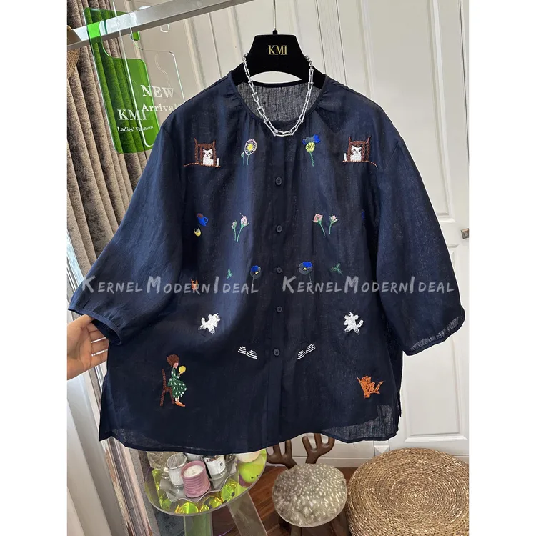大码300男女夏季漂亮衬短袖2025新款宽松轻薄五分袖重工刺绣上衣2