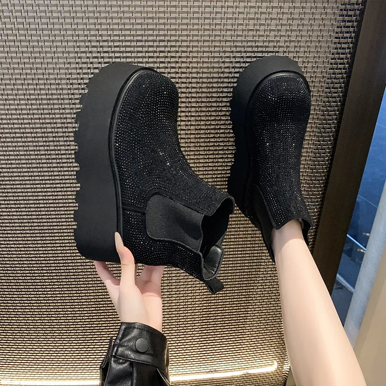 欧货水钻马丁靴女2025新款秋冬加绒增高厚底百搭显脚小烟筒短靴子