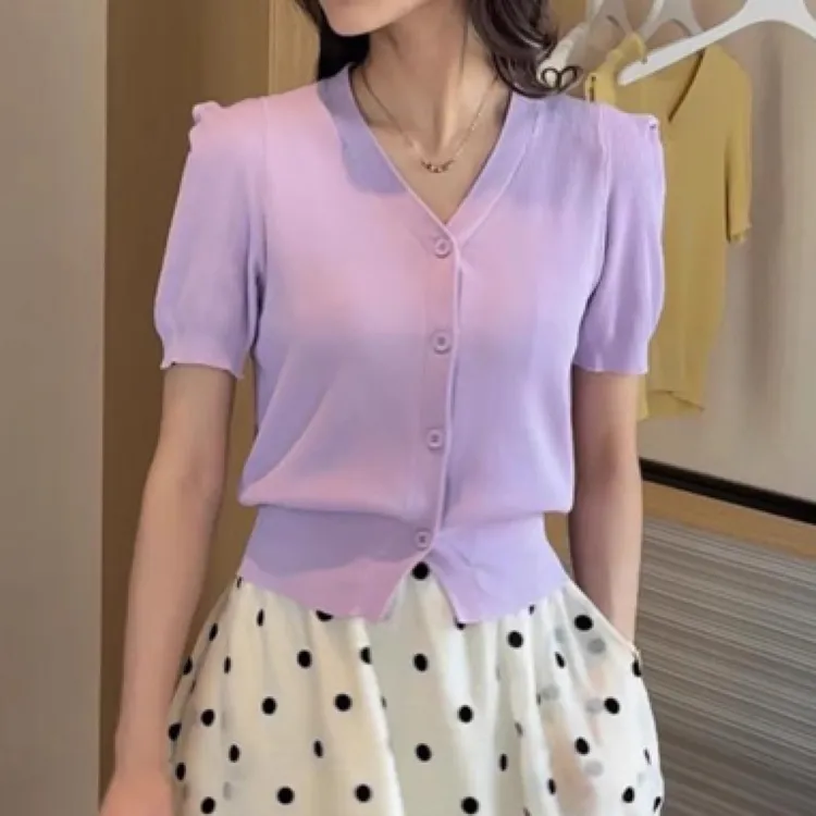 短袖针织开衫女气质高级感显瘦修身v领百搭时尚短款夏季薄款上衣