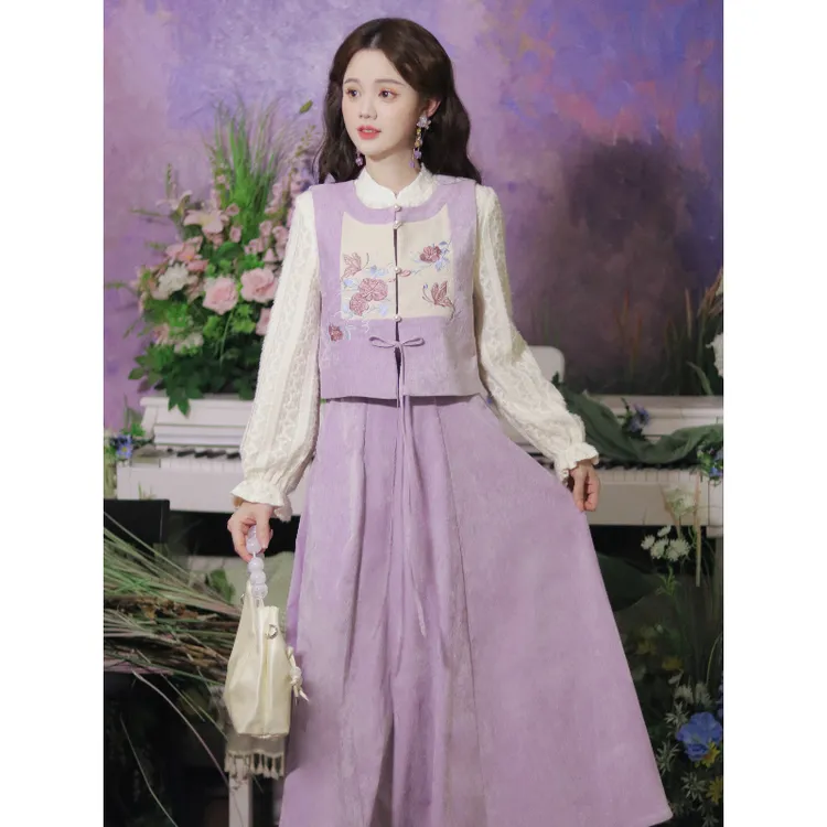 瑶西【紫蝶繁花】马甲上衣紫色绣花裙子国风汉服新中式三件套装