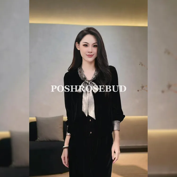 POSHROSEBUD【金箔美人】蝴蝶结系带拼色收腰显瘦丝绒上衣衫-258296