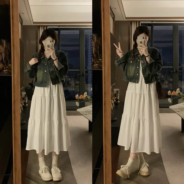 大尺码法式覆古时尚套装女春季长袖牛仔短款外套胖MM白色裙子两件