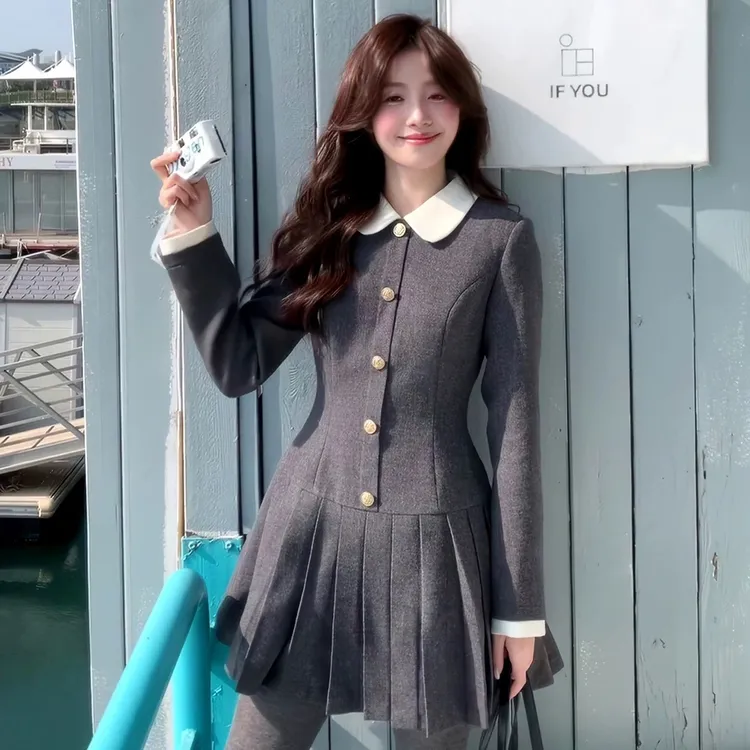 奢姿大码女装2025冬季时尚娃娃领收腰连衣裙胖妹妹气质学院风裙子