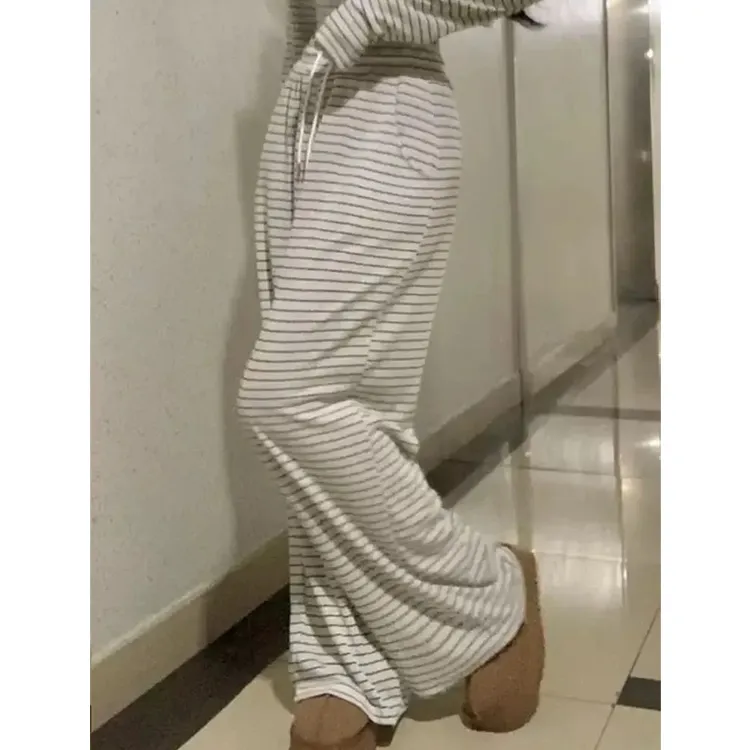 秋冬新款韩系慵懒风显瘦垂感松紧腰条纹长裤气质休闲百搭阔腿裤女
