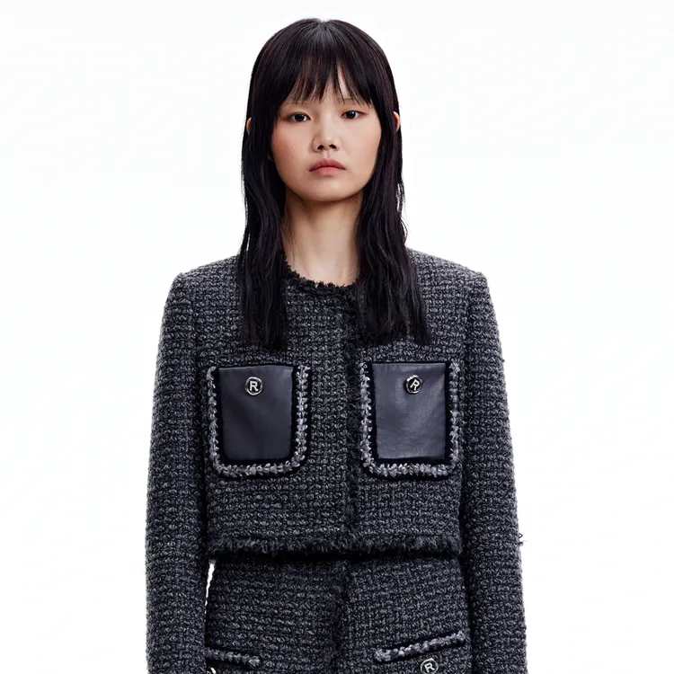 REVAN芮范设计师款甜酷短花纱拼皮外套RN90105258