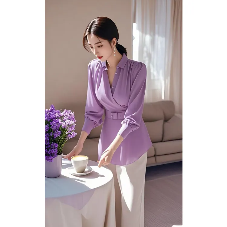 2025超火春季新款紫色衬衫法式高级感气质好看独特漂亮腰带上衣