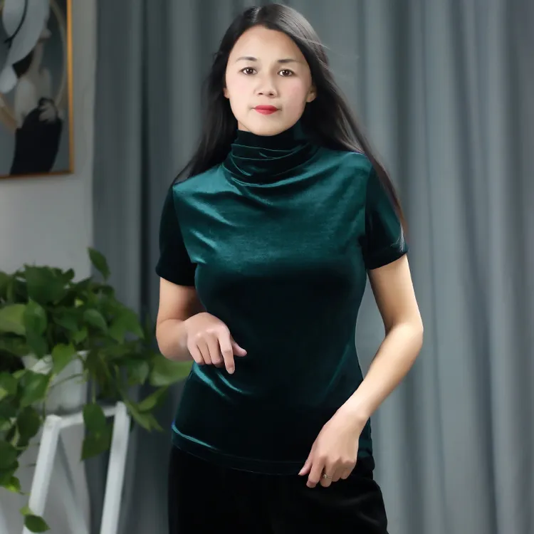 春秋新款修身百搭小衫女洋气高领短袖T恤金丝绒上衣高级感打底衫