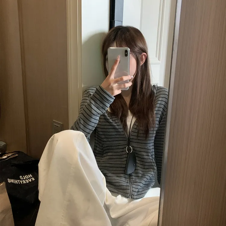 夏季薄款条纹拉链防晒开衫女2025新款百搭修身显瘦小众设计感外套