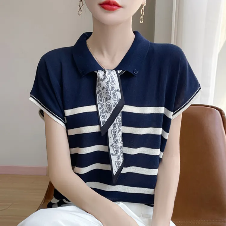 胖mm夏装大码冰丝针织衫女士短袖t恤遮肚子巨显瘦蝴蝶结条纹上衣
