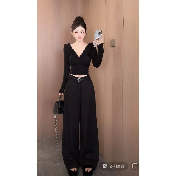 曼曼【长腿阔腿】简约宽松显瘦气质直筒阔腿裤（带腰带）